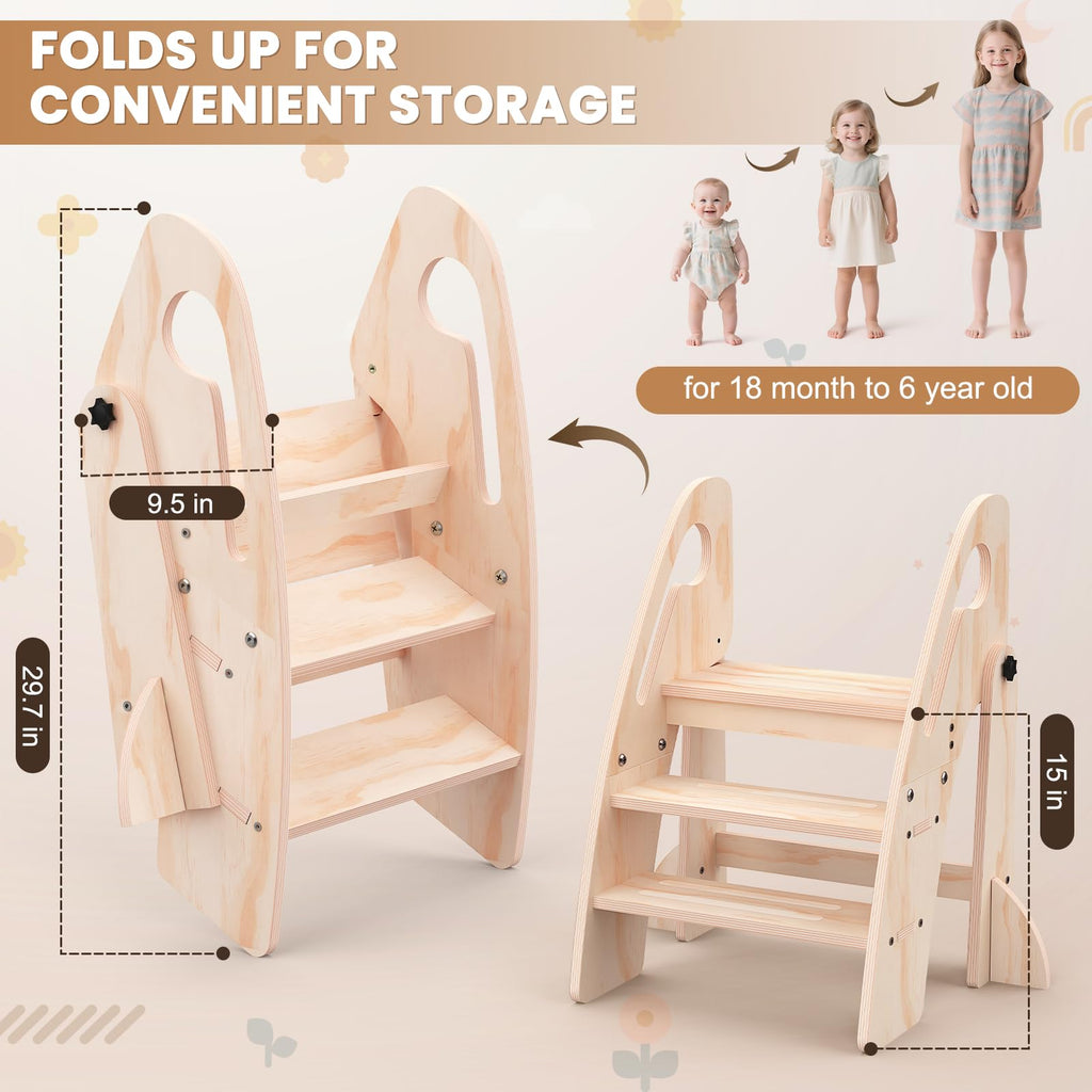 Toddler Step Stool, Wooden Foldable 3-Step Stool for Kids, Potty Training Stool with Handles and Non-Slip Strips for Bathroom Sink, Kitchen, Bedroom