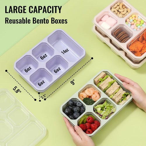 Snuvid 4-Pack Bento Box Adult with Lunch Bag, 5 - Compartment Snack Containers, Reusable Snackle Box with Lids, Meal Prep Containers for Work, Travel and Camping