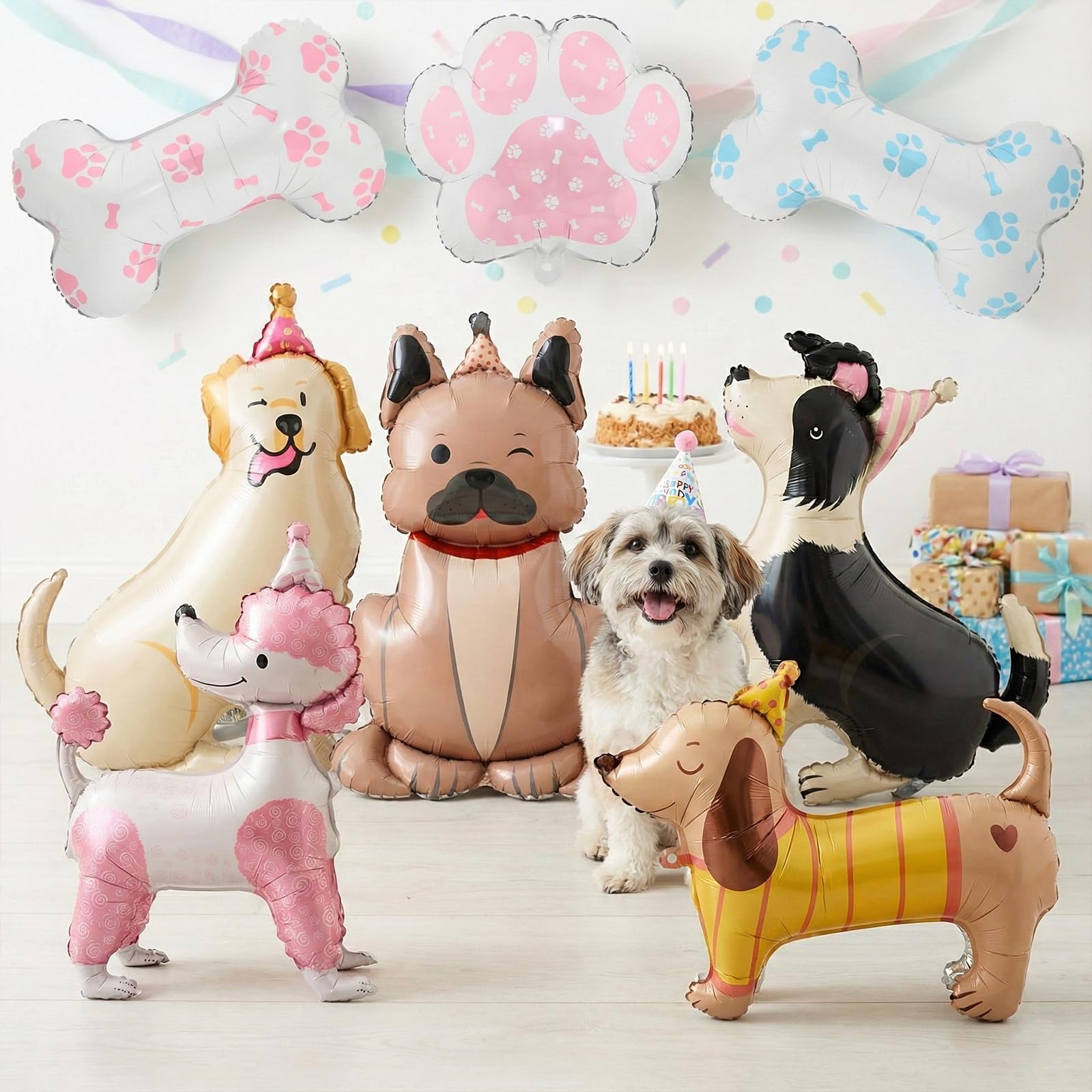 8 PCS Large 3D Standing Dog Balloons (32–40 in) – Puppy Foil Balloons for Dog Birthday Party & Pet Theme Baby Shower, Includes Dogs, Bone & Paw