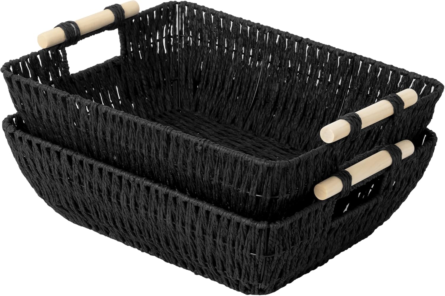 StorageWorks Large Wicker Storage Baskets - Stylish Organizing Solution with Wooden Handles | Black, 2-Pack
