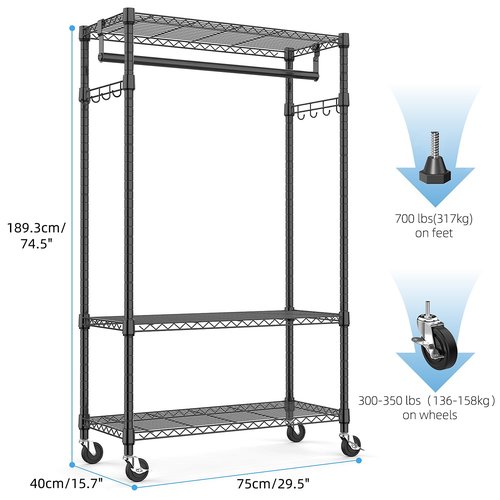M MZG Heavy Duty Rolling Garment Rack 3 Tiers Adjustable Wire Shelving Clothes Rack with Rods and Side Hooks,Storage Closet Clothing Rack with Wheels Black 15.7" D x 29.5" W x 74.5" H