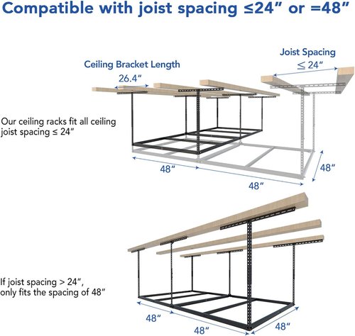 FLEXIMOUNTS 4x8 Overhead Garage Storage Rack - Heavy-Duty Metal Ceiling Organizer | 600lbs Capacity, Black