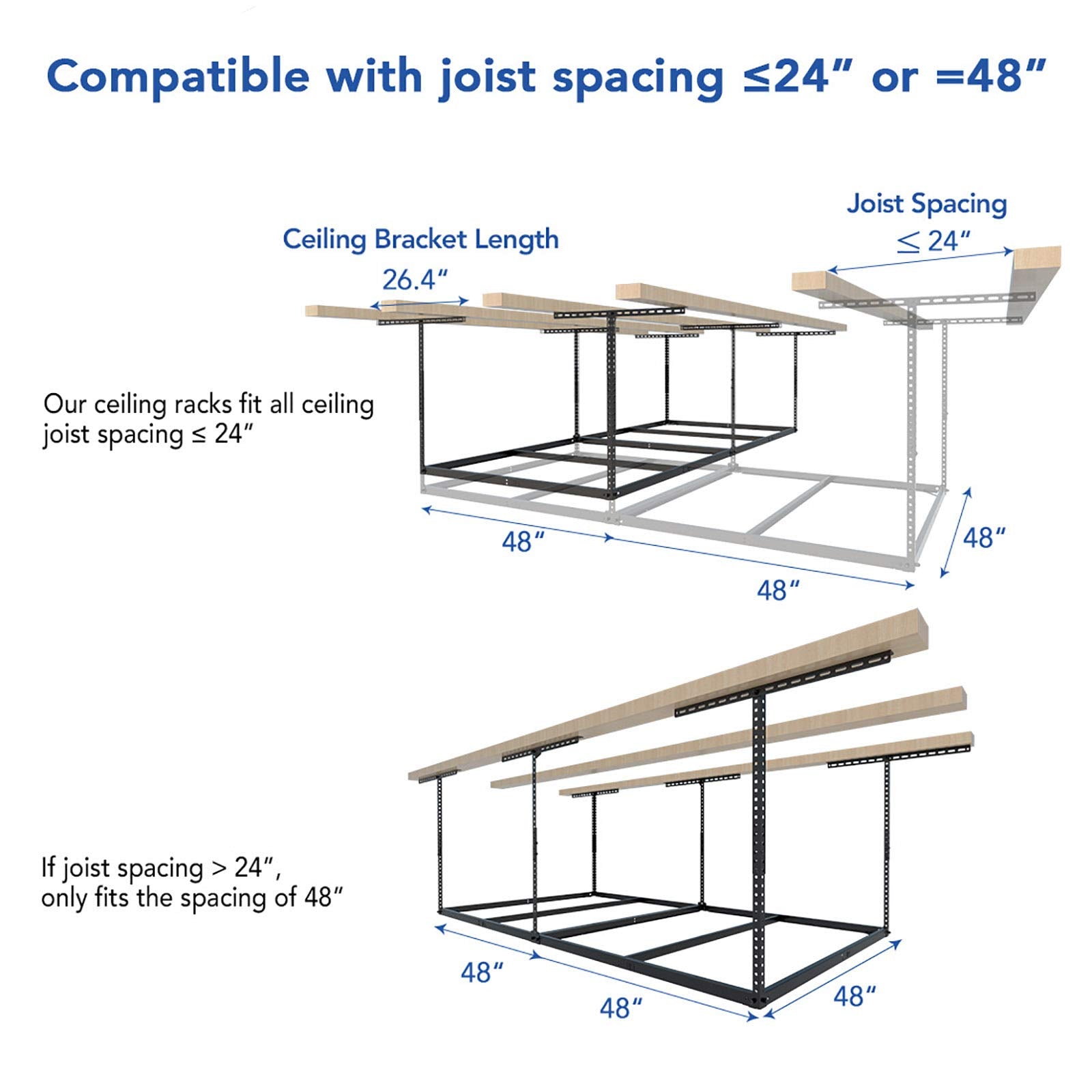 FLEXIMOUNTS 4x8 Overhead Garage Storage Rack without Decking, Storage Organization System, Heavy Duty Metal Garage Ceiling Racks, 600lbs Weight Capacity, Black, Lite Series
