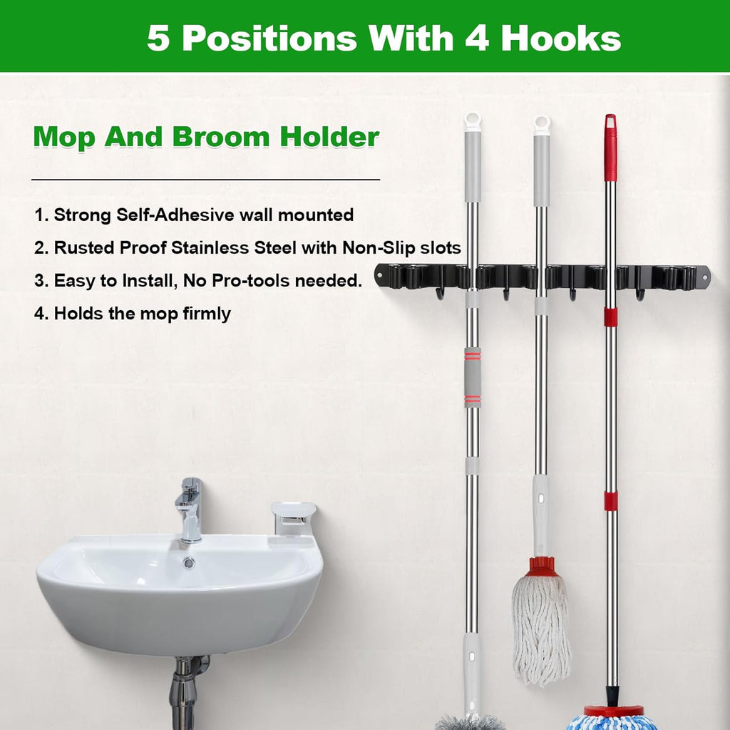 Voze Mop and Broom Holder - 5 Racks & 4 Hooks, Heavy-Duty Wall Mount Organizer | Black
