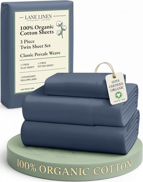 LANE LINEN 100% Organic Cotton Twin Bed Sheet Set - Luxury Hotel Style, Deep Pocket, Eco-Friendly - Estate Blue