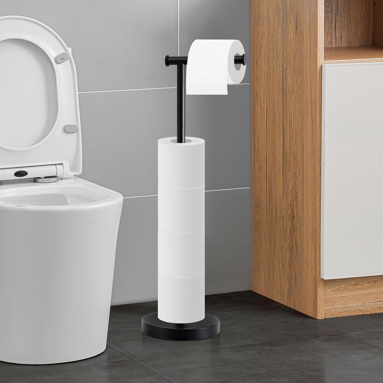Skiennix Toilet Paper Holder - Free Standing Design with Stable Weighted Base | Rustproof Black Finish