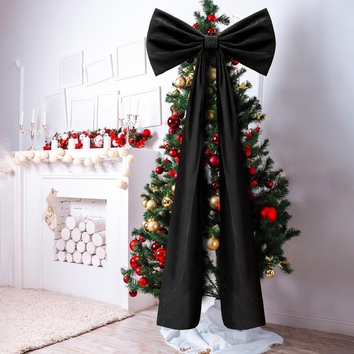 Knitgrip Extra Large Velvet Christmas Tree Topper Bow - 20 x 71 Inches | Black Holiday Decor