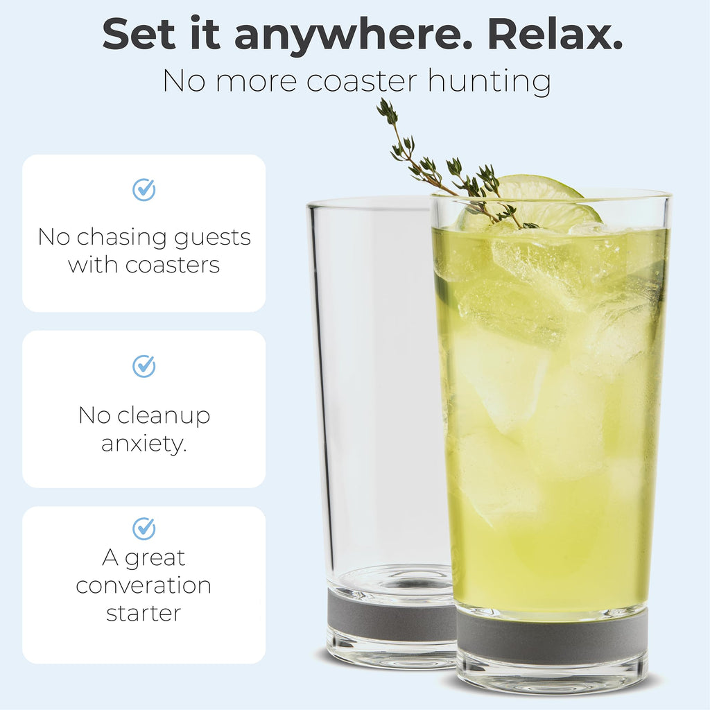 Coast Glassware The Tall – Protect Your Table – Highball Glass with Built-In Stone Coaster – Absorbent Cocktail & Water Tumblers, Set of 4, 16 oz