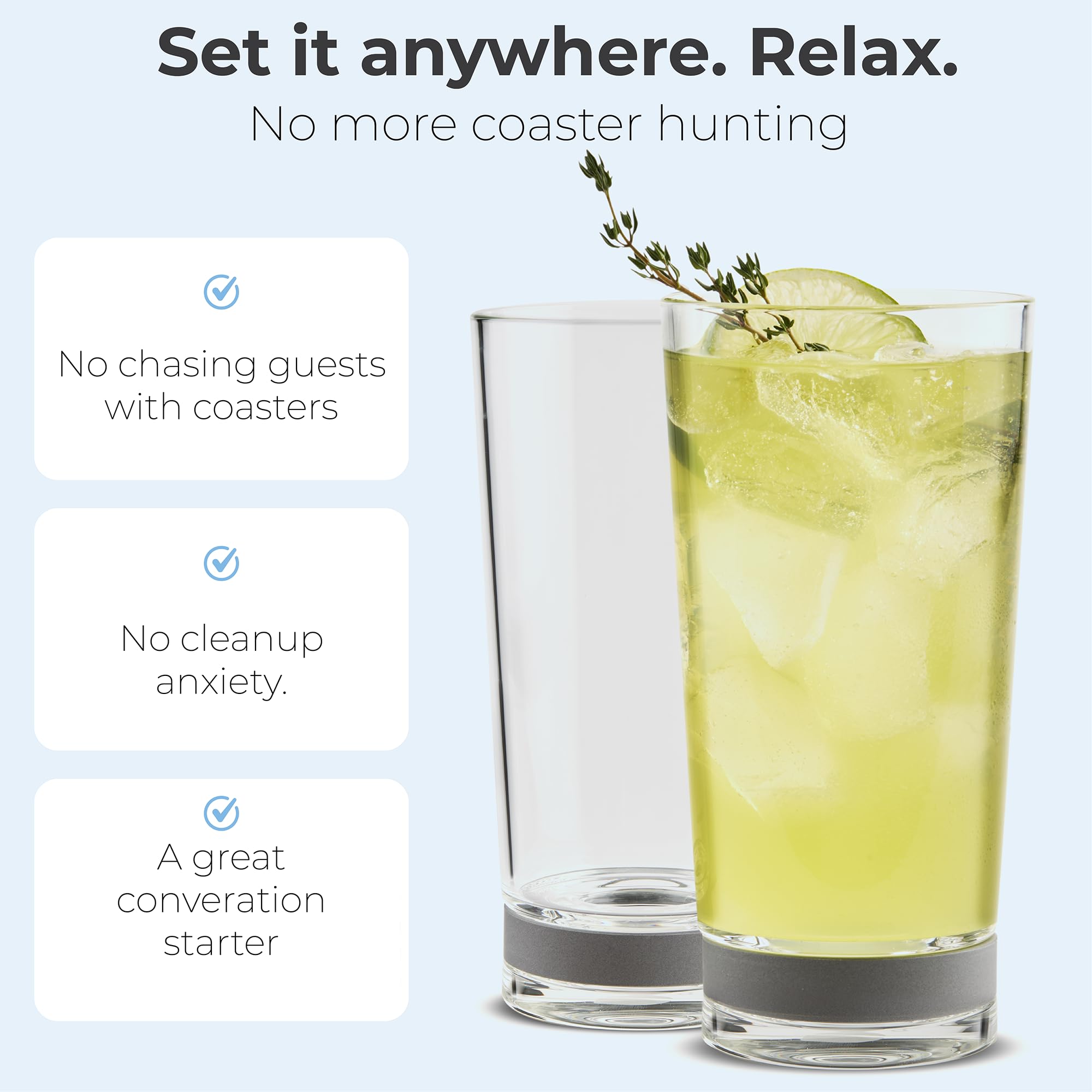 Coast Glassware The Tall – Protect Your Table – Highball Glass with Built-In Stone Coaster – Absorbent Cocktail & Water Tumblers, Set of 4, 16 oz