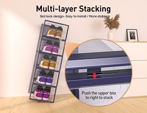 Kuject X-Large Shoe Storage Boxes - Clear Stackable Organizers, 12 Pack for Sneakers & Toys | Blue