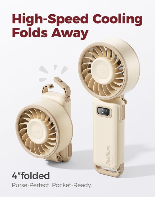 Diveblues Portable Handheld Fan - 7.4m/s Turbo Speed | 180° Foldable 4-in-1 Design, USB-C Rechargeable for Travel & Makeup