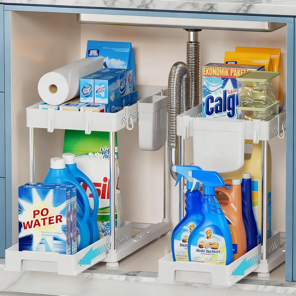 Under Kitchen Sink Organizer - 2-Tier Multi-Purpose Storage for Kitchen & Bathroom | White, 2 Pack