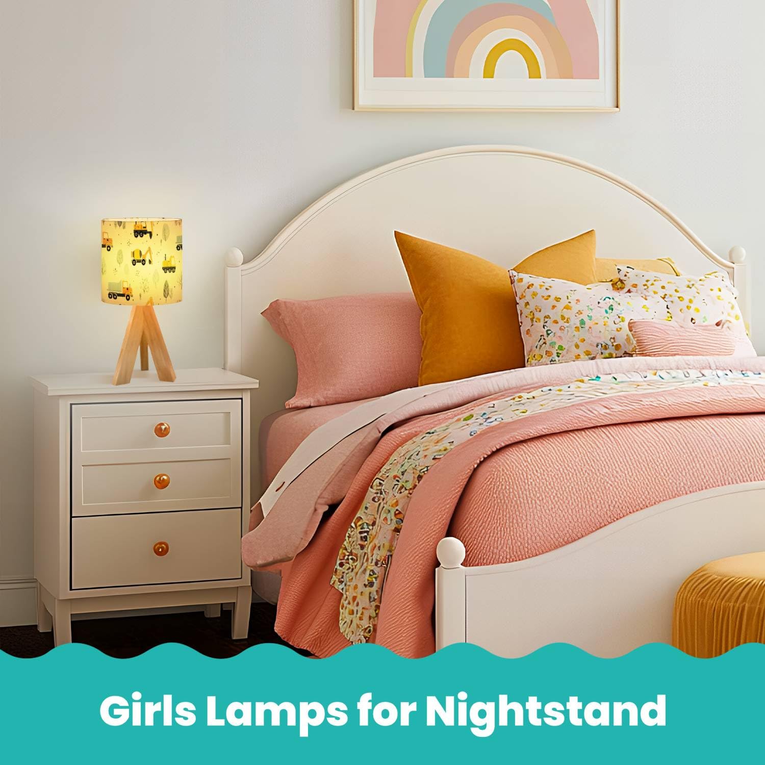 OEPWQIWEPZ Tripod Bedside Desk Table Lamp Cute Children Seamless Construction Machinery Cartoon Hand Wood Nightstand Lamp with Linen Fabric Shade for Nursery Bedroom Living Room Kids Room