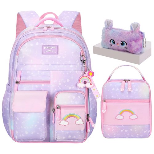 Jcobvig 3Pcs Kids Backpack For Girls,Cute Rainbow Student School Backpack With Lunch Bag Pen Bag Set (Purple Large 17.5in