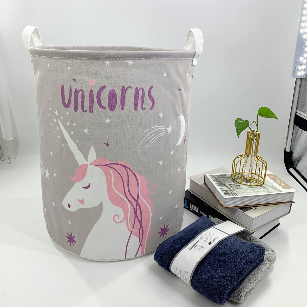 Mziart Kids Laundry Basket, Cute Collapsible Storage Baskets Baby Nursery Hamper Toys Box for Boys and Girls, Foldable Storage Bin Clothes Organizer Basket for Bedroom (Gray Unicorns)