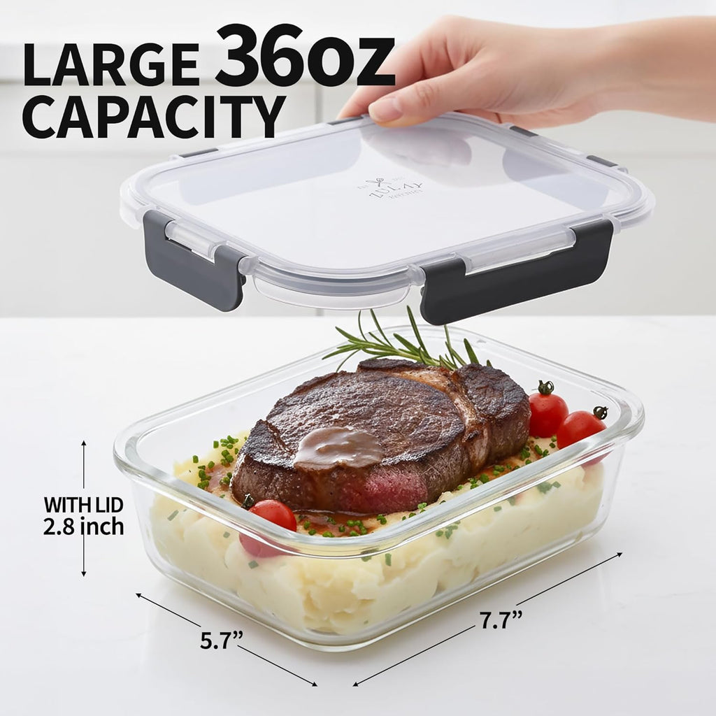 Zulay Kitchen 36oz Glass Tupperware Container Set - 5 Piece BPA-Free Borosilicate Storage | Leak-Proof & Oven Safe - Gray