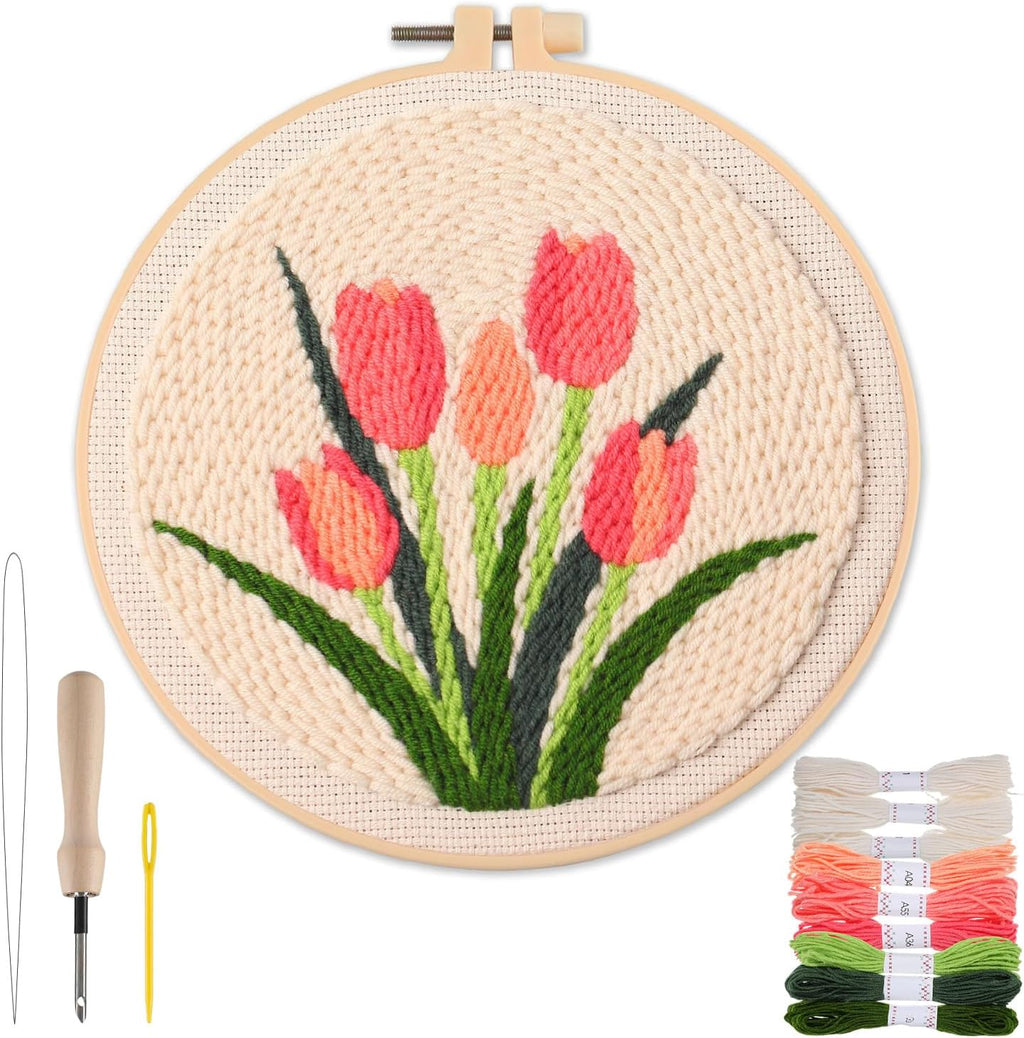 Tulip Punch Needle Kit for Beginners - Step-by-Step Guide, Fabric, Hoop, Needle & Yarns Included