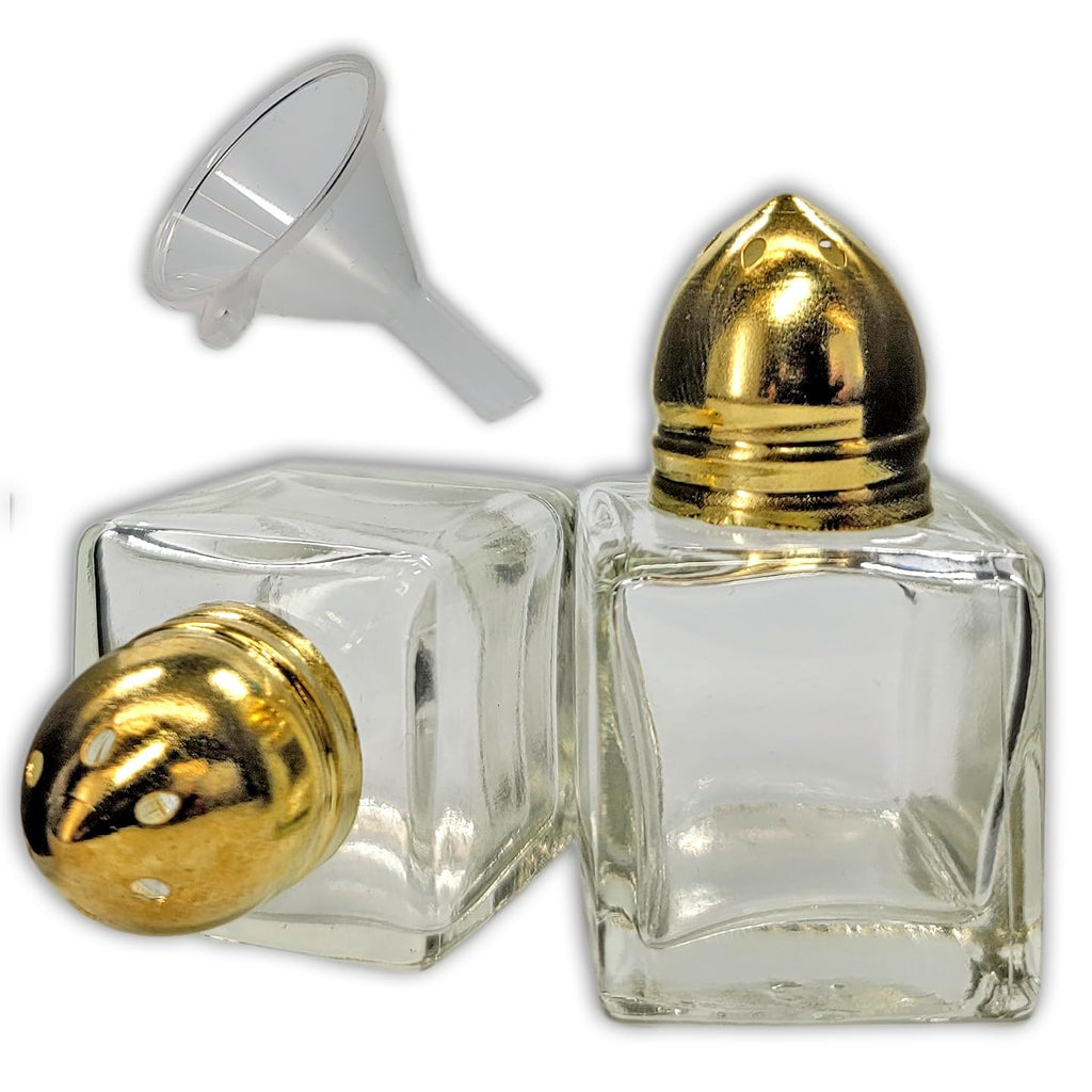 Pack of 2 Clear Glass Mini Cube Salt & Pepper Shakers with Gold-Tone Tops and BONUS Easy Fill Funnel by NetSellsIt