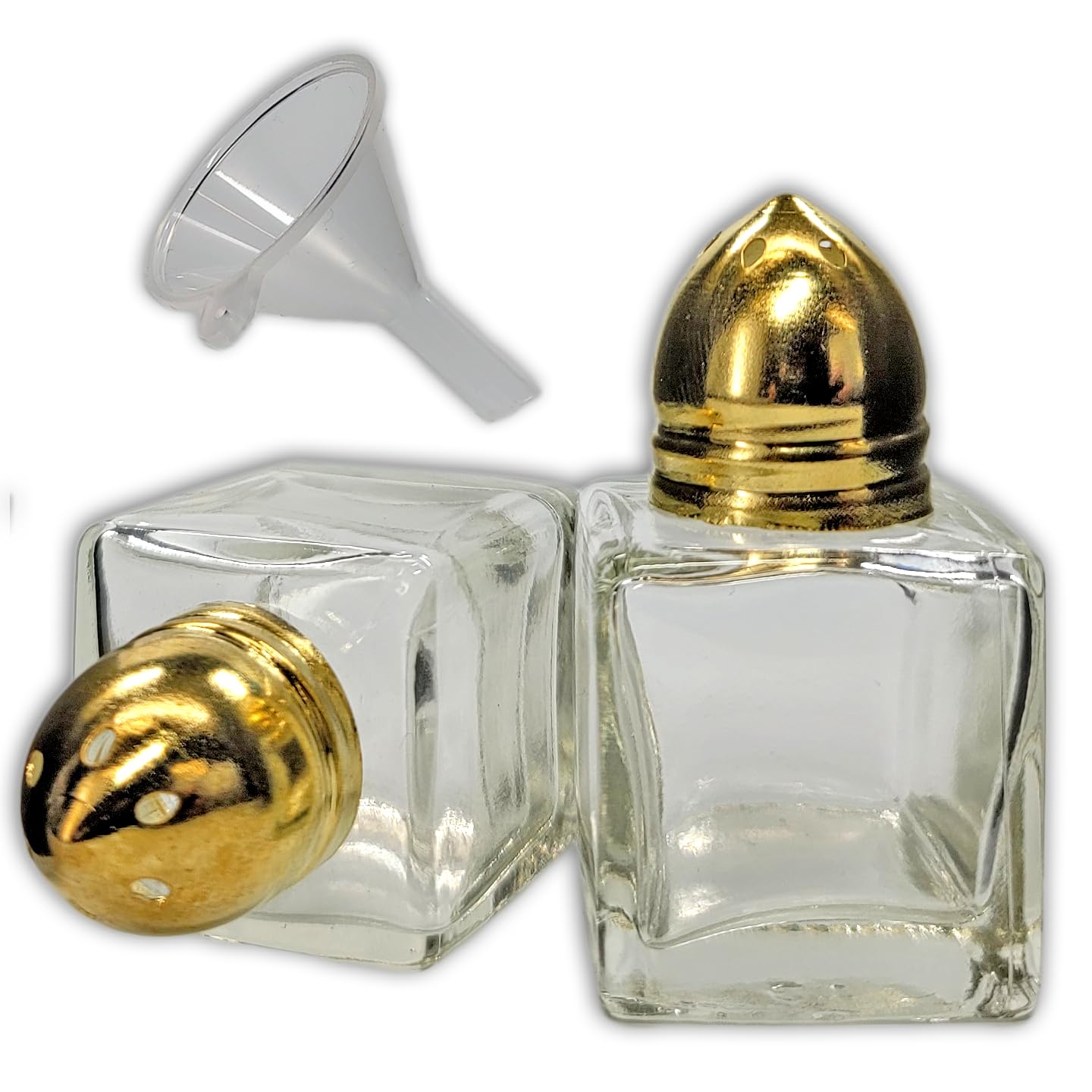 Pack of 2 Clear Glass Mini Cube Salt & Pepper Shakers with Gold-Tone Tops and BONUS Easy Fill Funnel by NetSellsIt