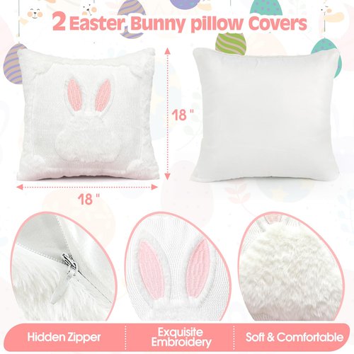 TIFFYONEK Easter Bunny Pillow Covers 18x18 Set of 2, Ultra-Soft Plush Faux Fur White Rabbit Throw Pillowcases with Pink Embroidered Ears for Spring Farmhouse Home Decor, Kids Room & Easter Gifts
