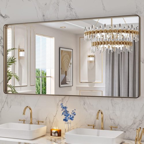 LOAAO Bronze Bathroom Mirror - 60”x30” Rounded Rectangle with Anti-Rust Metal Frame | Hangs Horizontally or Vertically