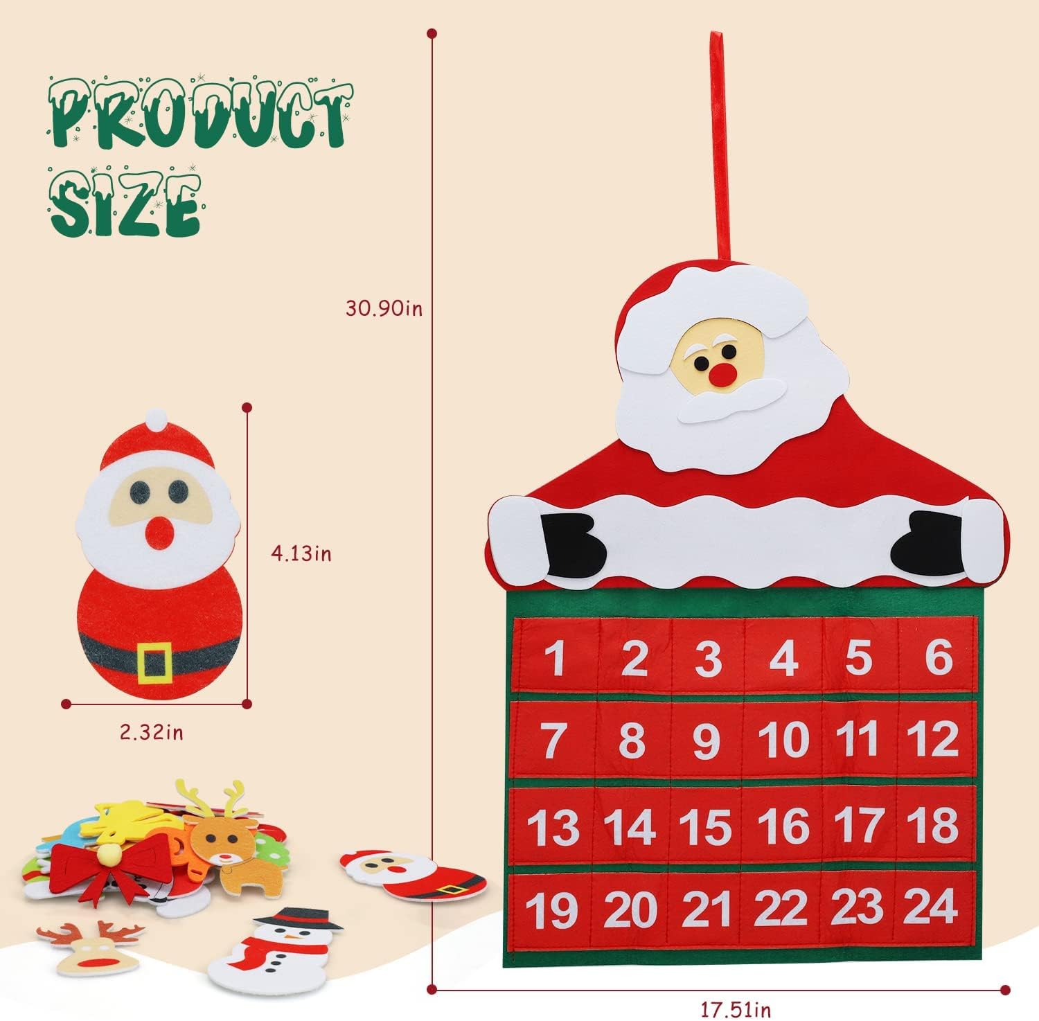 TOY Life Christmas Advent Calendar - 2025 Countdown with 24 Pockets & Felt Santa Decoration