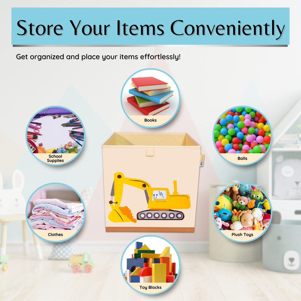 Product 4 Kids - Washable Toy Organizers and Storage, Canvas Toy Chest Organizer Foldable Kids Toy Storage Organizers for Child's Bedroom or Playroom -13x13x13 Inch (Excavator)