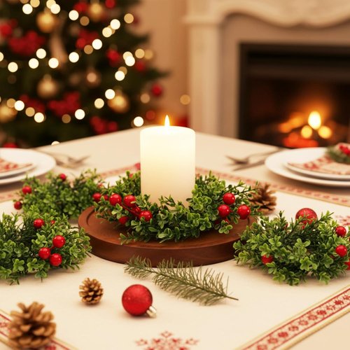 Daifunli Christmas Pillar Candle Rings - 8 Pcs 2-Inch Mini Artificial Boxwood Berry Wreaths for Holiday Decor