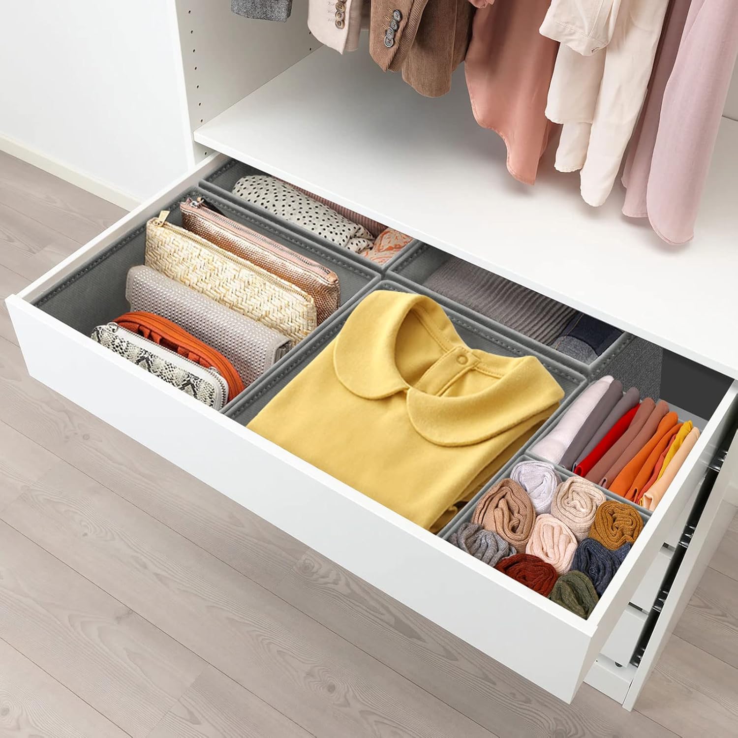 Skiennix Drawer Organizers - 12 Pack Foldable Storage Bins for Clothing | Grey Fabric Dividers for Closet & Dresser