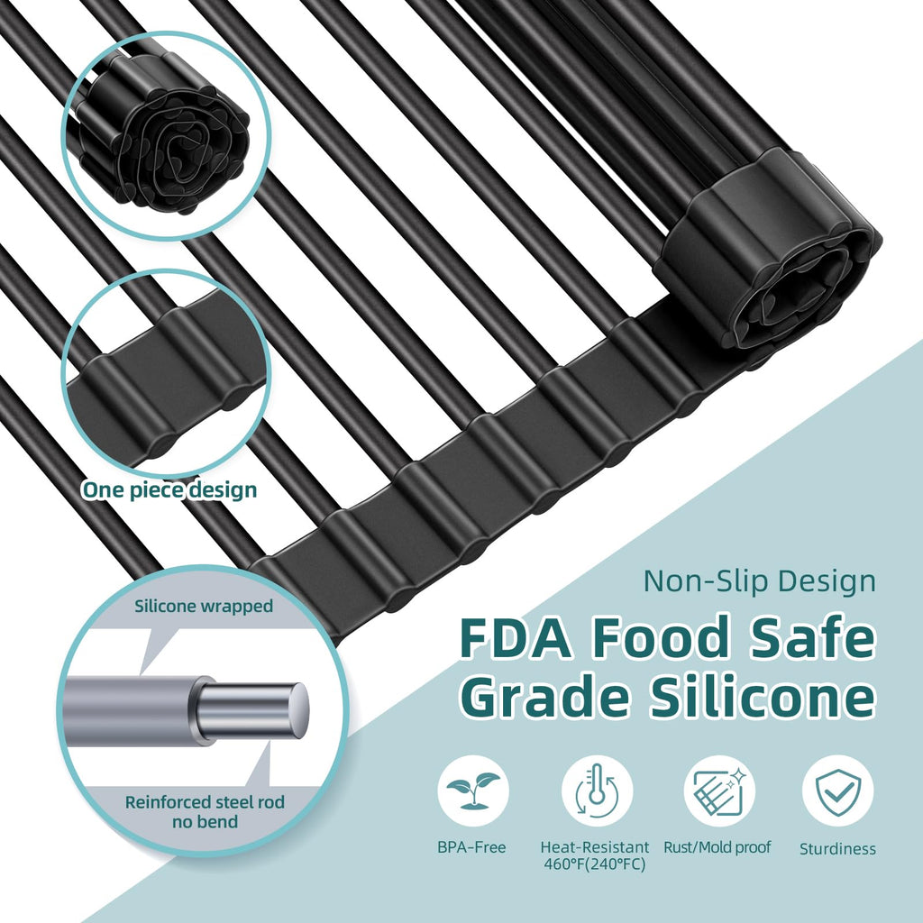 Ohuhu Sink Drying Rack, 20.5" W x 16.1" L Over Sink Roll-Up Dish Drainer - Rolling Foldable Accessories Heat-Resistant Mat Anti-Slip Silicone Coated Multipurpose for Kitchen Counter