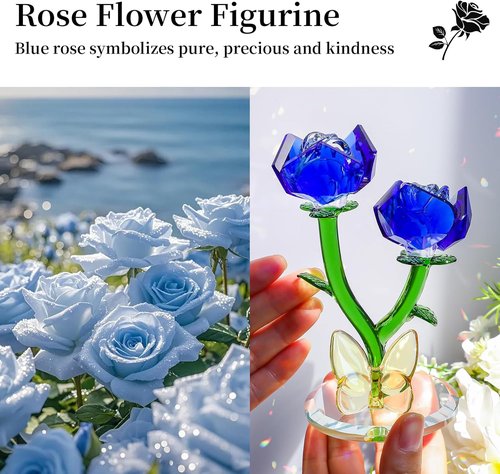 LONGWIN Crystal Blue Rose Flower Figurine - Elegant Glass Spring Bouquet Home Decor Gift for Her