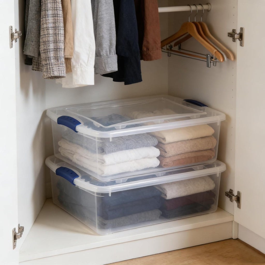 Sterilite 32 Quart Clear Plastic Storage Bins - Stackable Containers with Lids & Blue Latches for Home Organization