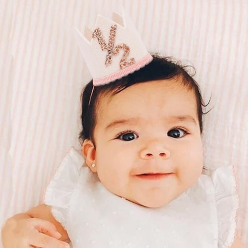 Jissoo White 1/2 Birthday Crown - 6 Months Birthday Decorations,Little Princess Crown For Cake Smash,Sweet Half Hat Photo Props,Light Pink 1/2 Way To One Decoration (White)