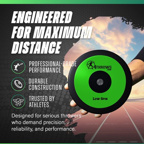 4THROWS Low Spin Competition Discus for Track & Field, High School, College, Men & Women — 70% Rim Weight, IAAF World Athletics Certified with Free Carry Bag, Neon Green and Black, 1kg