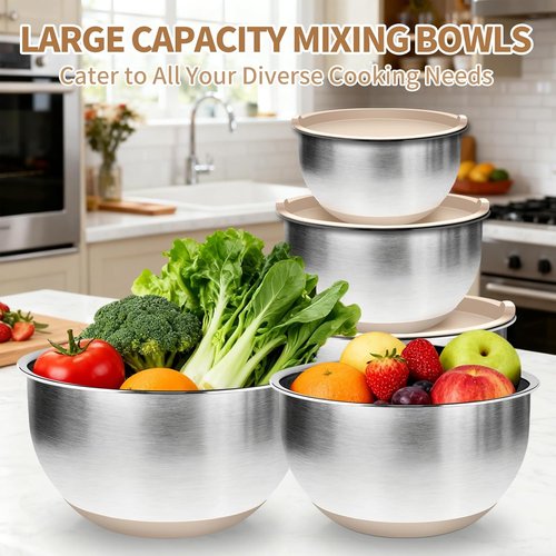 Deedro Premium Mixing Bowls Set - 22 Pcs Thicker Stainless Steel with Airtight Lids | Non-Slip Silicone Base, Khaki