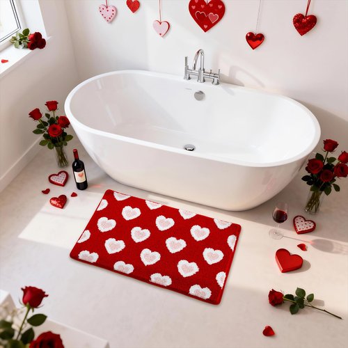 Moutina Valentines Day Bathroom Rug 16x24 Inch, Soft and Absorbent Tufted Love Heart Bath Mat Non Slip Washable, Valentines Bathroom Bedroom Decor for Couples
