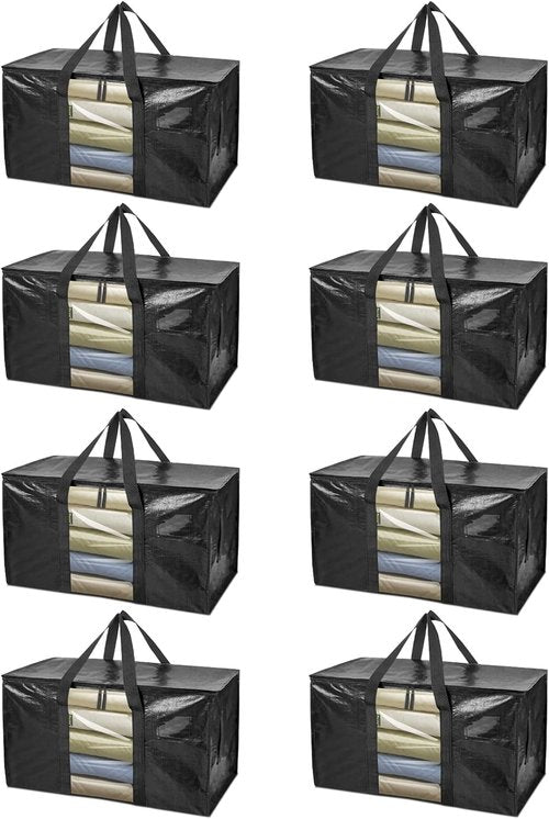 BALEINE 8-Pack Heavy-Duty Moving Bags - Oversized Storage Totes with Reinforced Handles (Black w/Window)