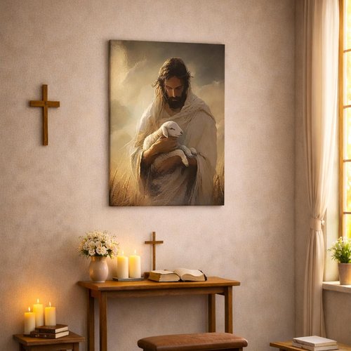 Jesus Holding Lamb Framed Canvas Wall Art - Christian Good Shepherd Painting for Living Room | 12x16 Inch