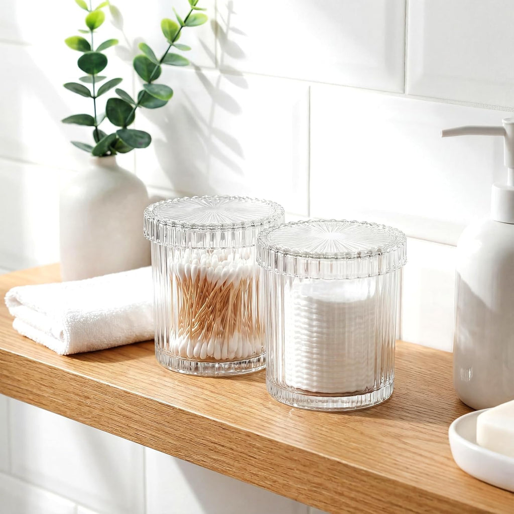 Rejomiik Glass Qtip Holder Dispenser - 2 Pack Apothecary Jars with Lids for Cotton Swabs & Makeup Storage