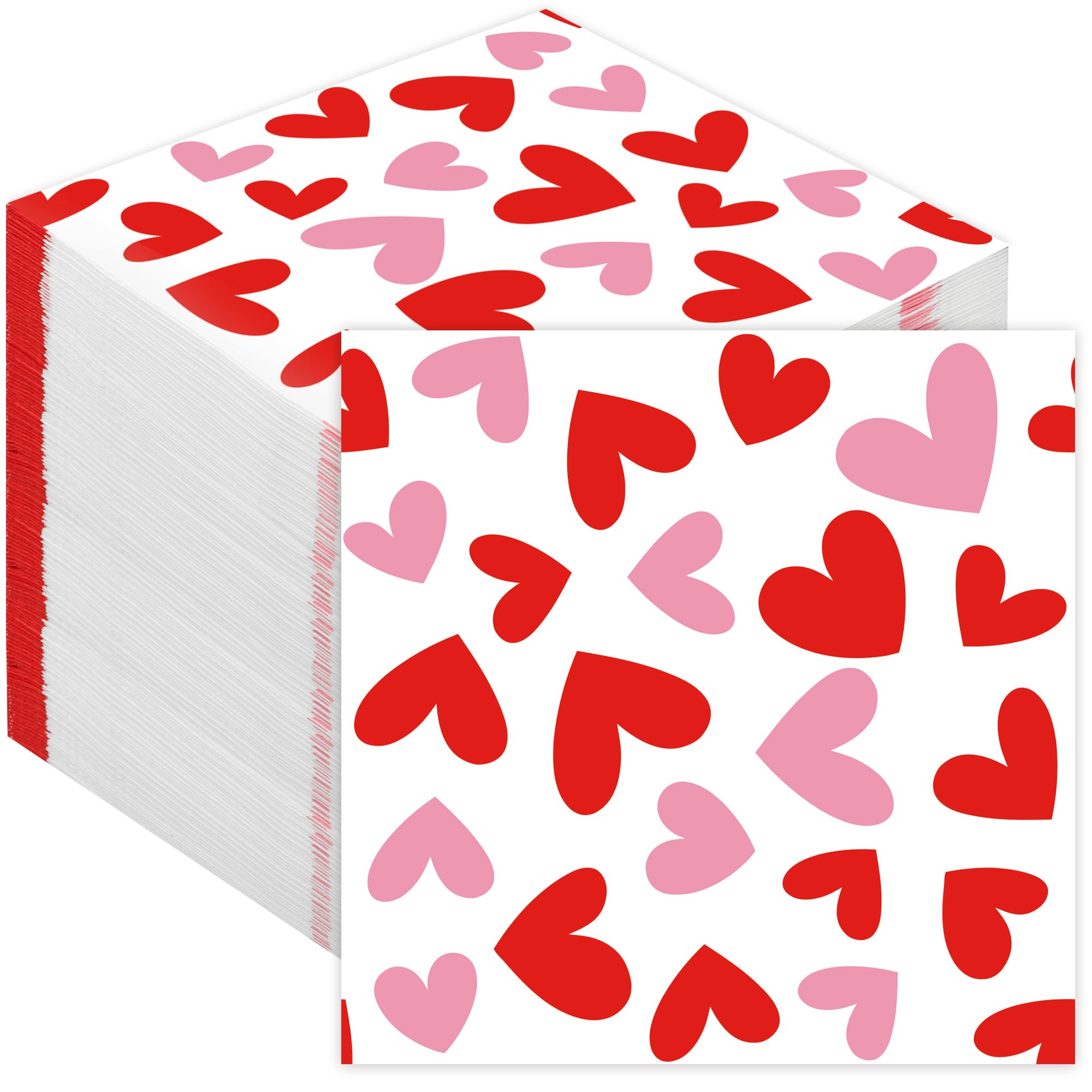 100 PCS Valentines Day Cocktail Napkins 5'' x 5'' Love Heart Disposable Paper Napkins 3 Ply Red Pink Heart Beverage Napkin for Valentines Wedding Anniversary Birthday Party Supplies Dinner Table Decor