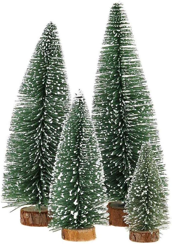 Skiennix Mini Christmas Tree - Small Pine Tabletop Decor with Wooden Base | Green - Set of 4