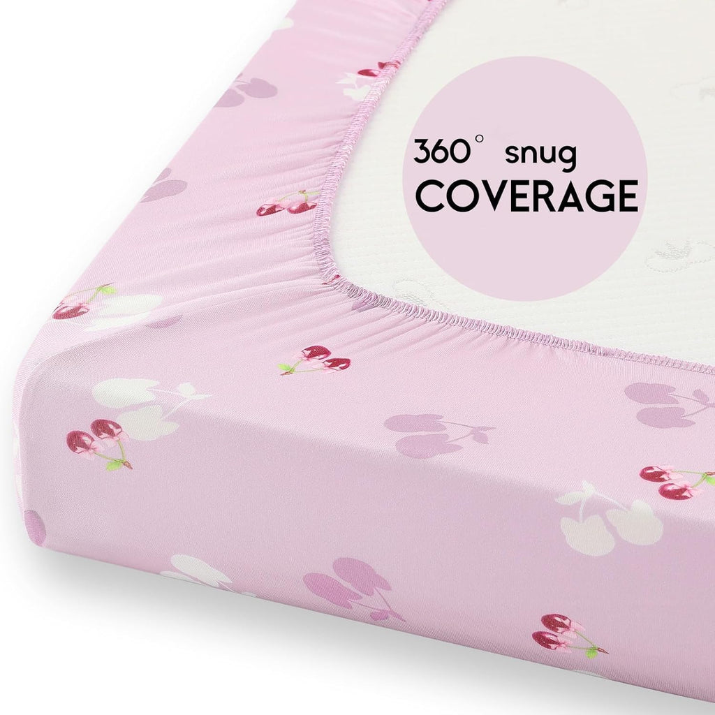 Yoofoss Fitted Pack and Play Sheets - Soft, Breathable Mini Crib Sheets 2-Pack (Pink & Cherry)