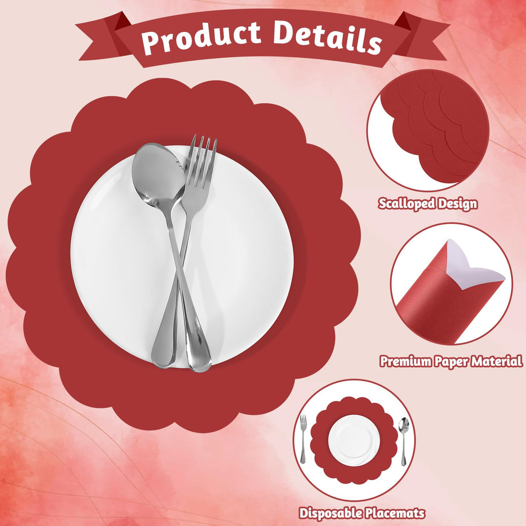 60 Pcs Red Paper Placemats, 13.5 Inch Mother's Day Placemat Disposable Scalloped Place Mat Round Table Place Mats Decorative Paper for Mothers Day Anniversay Birthday Wedding Banquet Holiday Party
