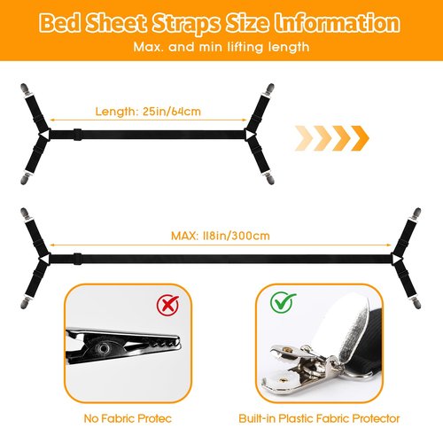 yccsedd Bed Sheet Straps, 4Pcs Elastic Adjustable Bed Sheet Holder Straps, Fitted Sheet Straps to Hold Sheets in Place with Metal Clips, Sheet Holders for Mattress Cover, Sheet, Sofa Cushion (Black)