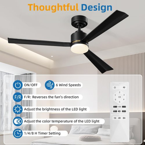 Antarctic Star Ceiling Fans with Light, 52 Inch Low Profile Ceiling Fan with Light and Remote, Flush Mount, Reversible, Low Noise, Black Gold, Dimmable, 1/4/8 Timer, Ceiling Fan for Dorm, Indoor Use