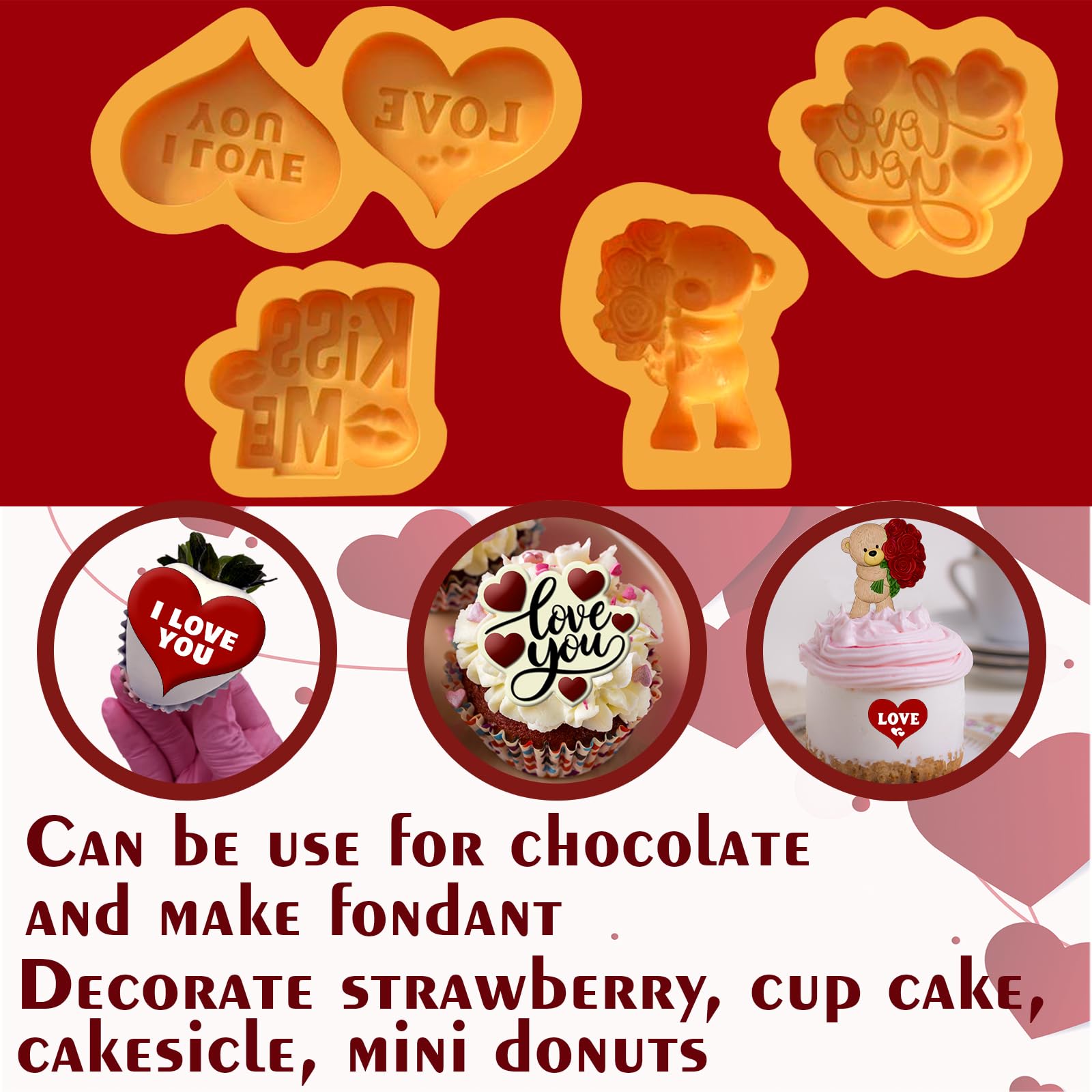 Valentines Day Silicone Molds – 4- Piece Set with Bear, Hearts & Love Phrases | Silicone Valentines Molds for Chocolate, candy, Fondant, Resin, perfect size for chocolate covered strawberries.