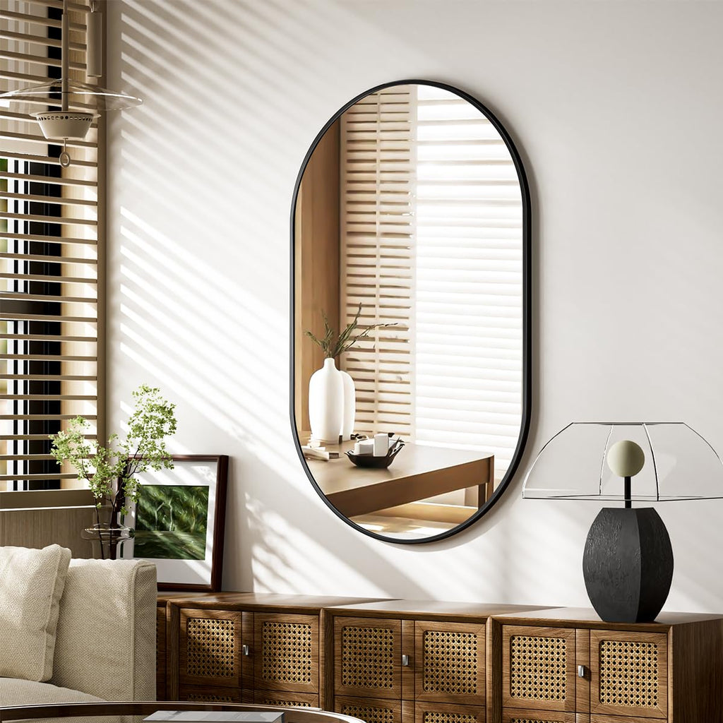 VooBang Black Oval Wall Mirror, 17x30 inch Oval Bathroom Mirror, Wall Mounted Vanity Mirror with Metal Framed, Tempered Glass and Reflective High Definition, Mounted Horizontally or Vertically