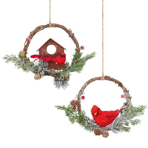 2pcs Small Christmas Wreath with Cardinal, 9-inch Mini Wreaths for Cabinets, Cabinet Wreaths for Kitchen Christmas, Wreaths for Windows (Cardinal)