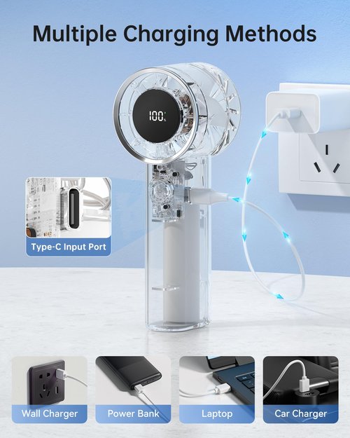 TriPole Portable Fan Mini Handheld Turbo Fan for Travel, 20H Max Cooling Time, 1-100 Speeds Rechargeable Battery Fans with LED Display, Transparent Hand Held & Desk Personal Fans for Outdoor Beach