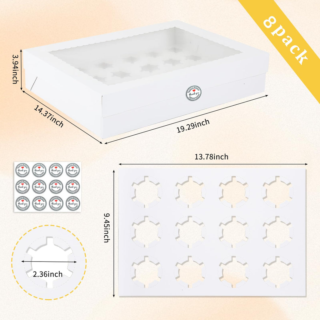CHENZEM 24 Count Cupcake Box, 8 Pack Cupcake Containers with Windows and Inserts, Disposable Cupcake Carriers for Muffins, Treats, Pastries, Mother's Day 19 x 14 x 3.9 Inches (White, 24Count /8Pcs)